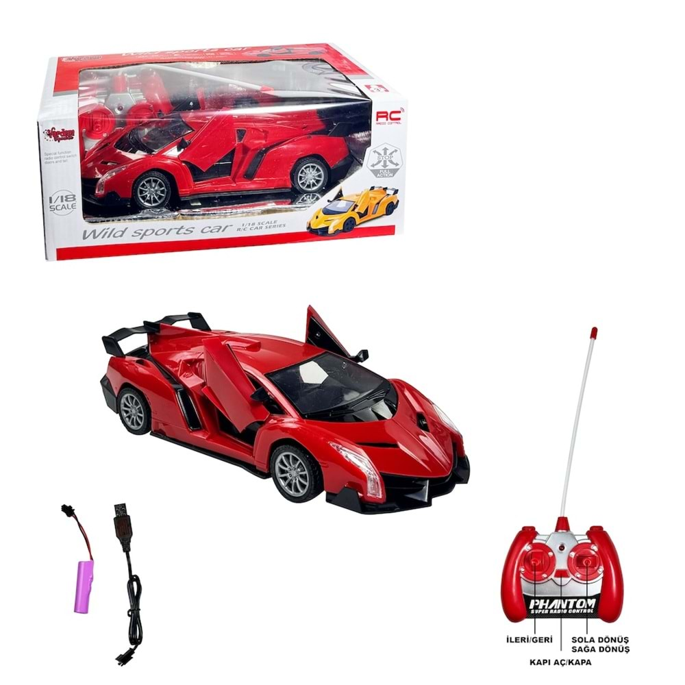 VARDEM UZAKTAN KUMANDALI FULL FONKSİYON ŞARJLI 1:18 WİLD SPORT CAR KAPILARI AÇILAN ARABA-1383-9A